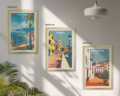 Conjunto de quadros para sala de estar com ilustrações retrô de cidades