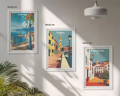 Conjunto de quadros para sala de estar com ilustrações retrô de cidades