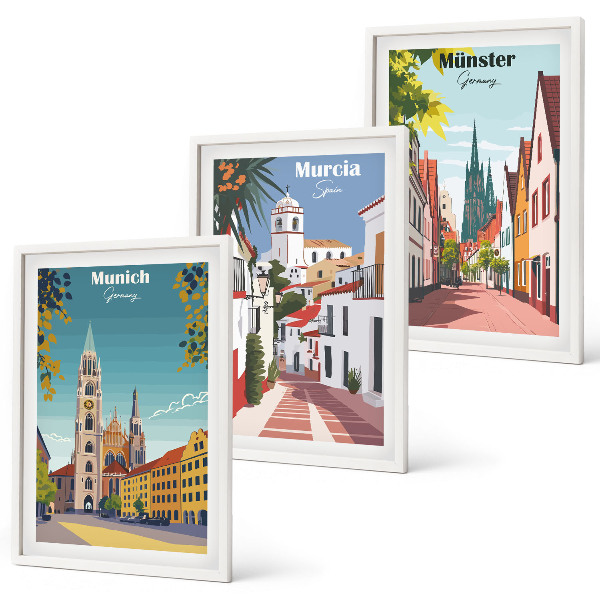 Composição de quadros moderna Cidades europeias em desenhos coloridos
