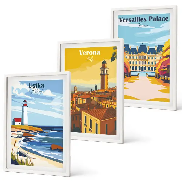 Conjunto de 3 quadros com moldura com vistas de cidades à beira-mar