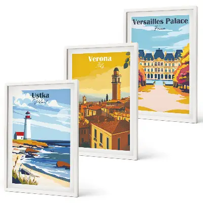 Conjunto de 3 quadros com moldura com vistas de cidades à beira-mar