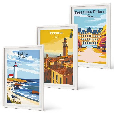 Conjunto de 3 quadros com moldura Vistas de lugares à beira-mar de cidades