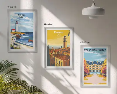 Conjunto de 3 quadros com moldura com vistas de cidades à beira-mar