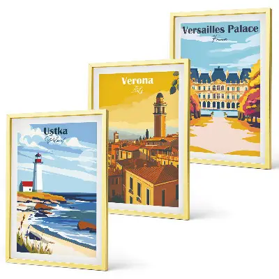 Conjunto de 3 quadros com moldura com vistas de cidades à beira-mar
