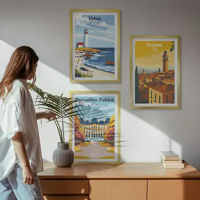 Conjunto de 3 quadros com moldura com vistas de cidades à beira-mar