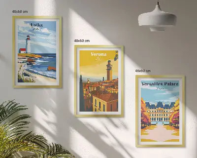 Conjunto de 3 quadros com moldura com vistas de cidades à beira-mar