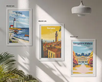 Conjunto de 3 quadros com moldura com vistas de cidades à beira-mar
