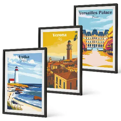 Conjunto de 3 quadros com moldura com vistas de cidades à beira-mar