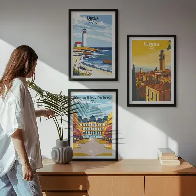 Conjunto de 3 quadros com moldura com vistas de cidades à beira-mar