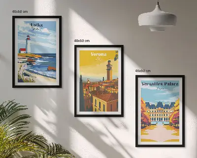 Conjunto de 3 quadros com moldura com vistas de cidades à beira-mar