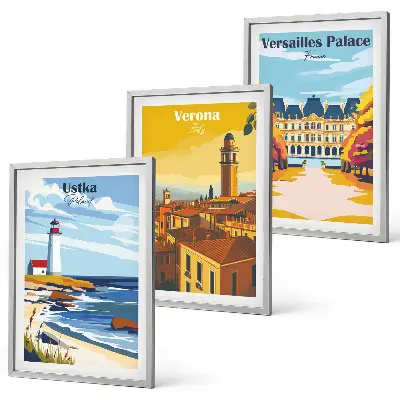 Conjunto de 3 quadros com moldura com vistas de cidades à beira-mar