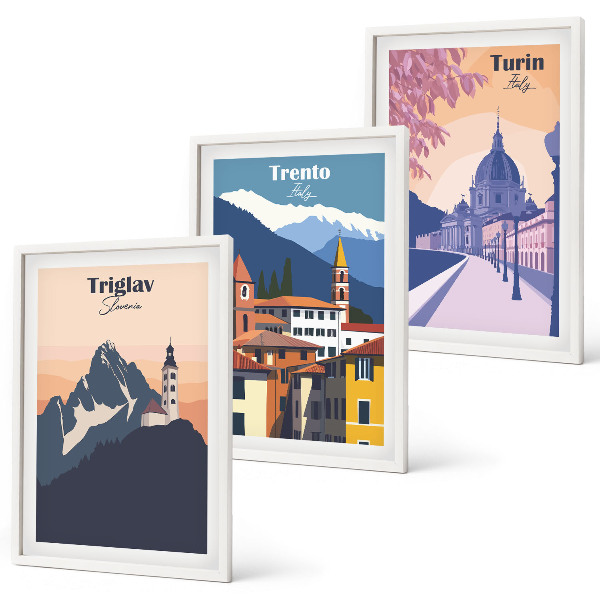 Conjunto de quadros para sala de estar Ilustrações retrô de arquitetura de montanha