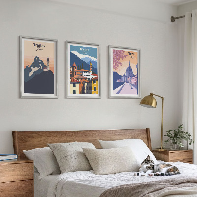Conjunto de quadros para sala de estar Ilustrações retrô de arquitetura de montanha