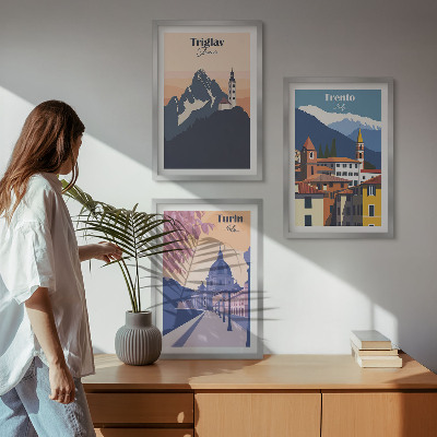 Conjunto de quadros para sala de estar Ilustrações retrô de arquitetura de montanha