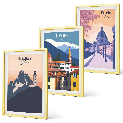 Conjunto de quadros para sala de estar Ilustrações retrô de arquitetura de montanha