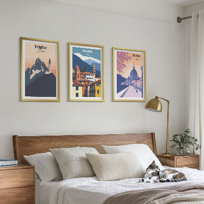 Conjunto de quadros para sala de estar Ilustrações retrô de arquitetura de montanha