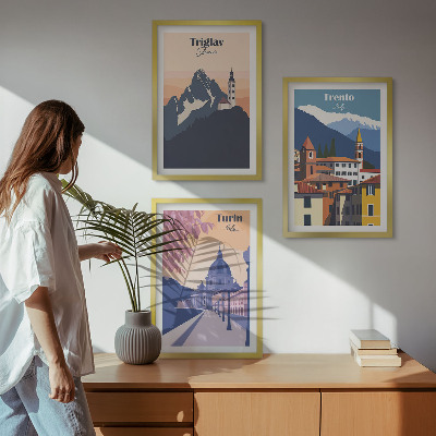 Conjunto de quadros para sala de estar Ilustrações retrô de arquitetura de montanha