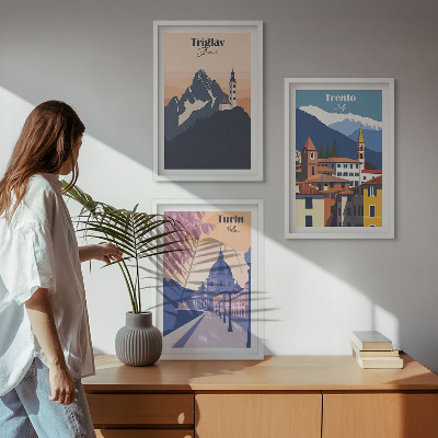 Conjunto de quadros para sala de estar Ilustrações retrô de arquitetura de montanha