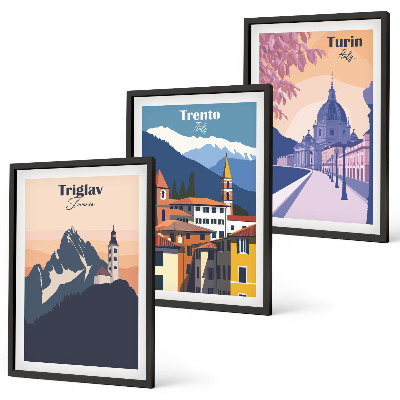 Conjunto de quadros para sala de estar Ilustrações retrô de arquitetura de montanha