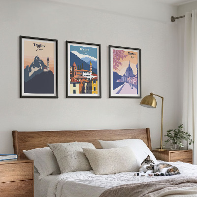 Conjunto de quadros para sala de estar Ilustrações retrô de arquitetura de montanha