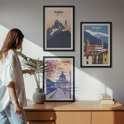 Conjunto de quadros para sala de estar Ilustrações retrô de arquitetura de montanha