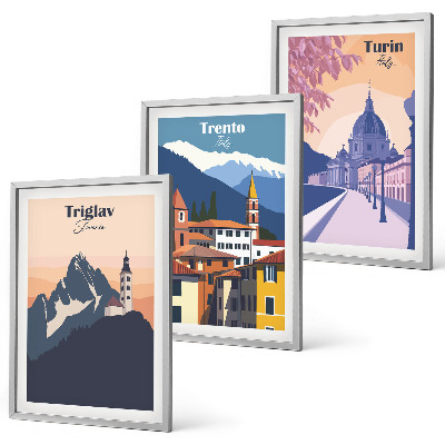 Conjunto de quadros para sala de estar Ilustrações retrô de arquitetura de montanha