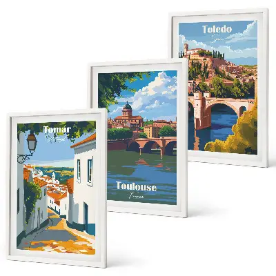 Conjunto de quadros com estampas modernas de cidades em estilo retrô