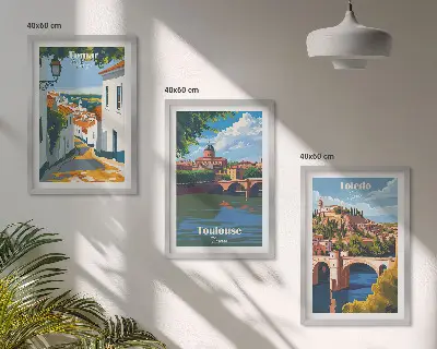 Conjunto de quadros com estampas modernas de cidades em estilo retrô