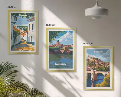 Conjunto de quadros com estampas modernas de cidades em estilo retrô