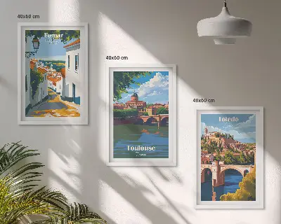 Conjunto de quadros com estampas modernas de cidades em estilo retrô