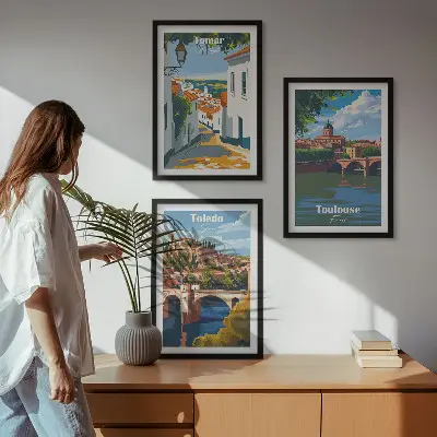 Conjunto de quadros com estampas modernas de cidades em estilo retrô