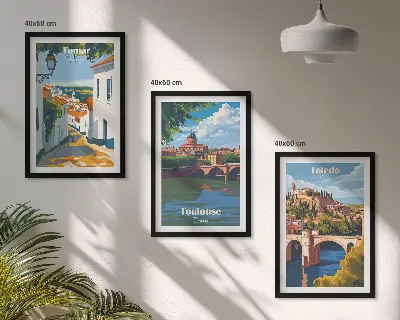 Conjunto de quadros com estampas modernas de cidades em estilo retrô