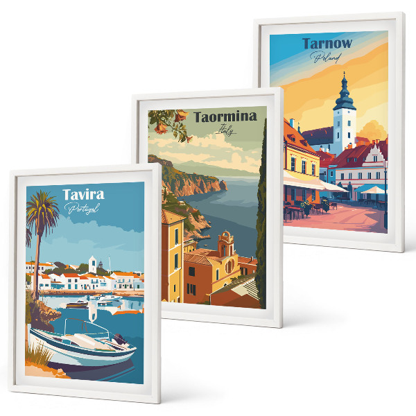 Conjunto de 3 quadros com moldura Vistas de cidades costeiras