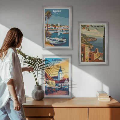 Conjunto de 3 quadros com moldura Vistas de cidades costeiras