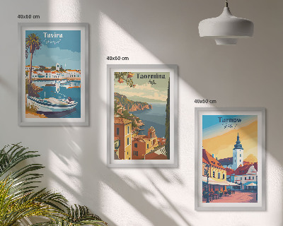 Conjunto de 3 quadros com moldura Vistas de cidades costeiras