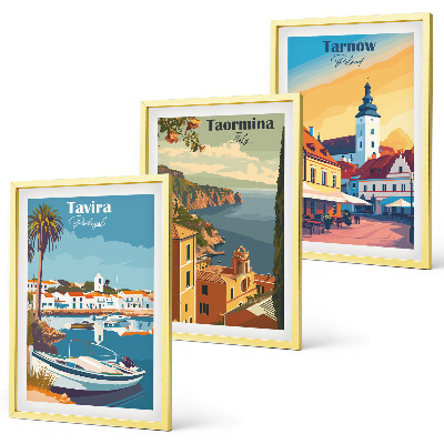 Conjunto de 3 quadros com moldura Vistas de cidades costeiras