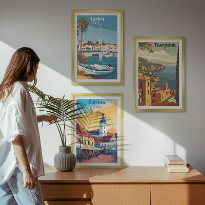 Conjunto de 3 quadros com moldura Vistas de cidades costeiras