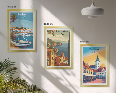 Conjunto de 3 quadros com moldura Vistas de cidades costeiras