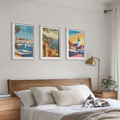 Conjunto de 3 quadros com moldura Vistas de cidades costeiras