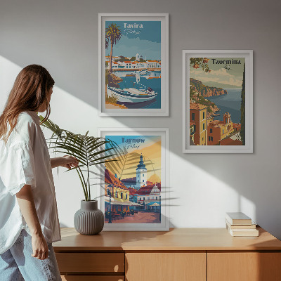 Conjunto de 3 quadros com moldura Vistas de cidades costeiras