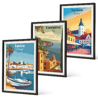 Conjunto de 3 quadros com moldura Vistas de cidades costeiras
