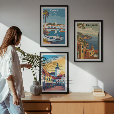 Conjunto de 3 quadros com moldura Vistas de cidades costeiras