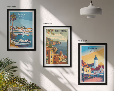 Conjunto de 3 quadros com moldura Vistas de cidades costeiras