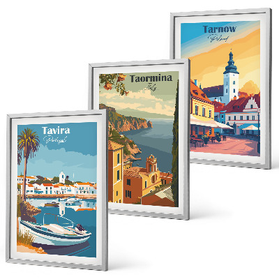 Conjunto de 3 quadros com moldura Vistas de cidades costeiras
