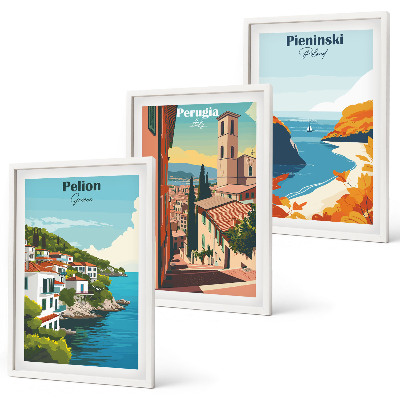 Conjunto de 3 quadros com moldura Paisagens retrô pitorescas