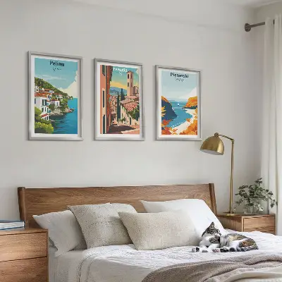 Conjunto de 3 quadros com moldura com estampas de paisagens retrô pitorescas