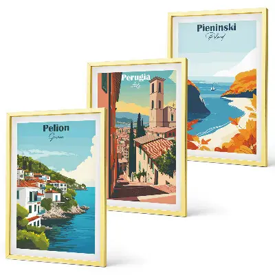 Conjunto de 3 quadros com moldura com estampas de paisagens retrô pitorescas