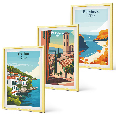 Conjunto de 3 quadros com moldura Paisagens retrô pitorescas