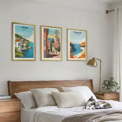 Conjunto de 3 quadros com moldura com estampas de paisagens retrô pitorescas