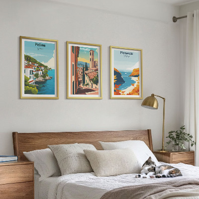 Conjunto de 3 quadros com moldura Paisagens retrô pitorescas